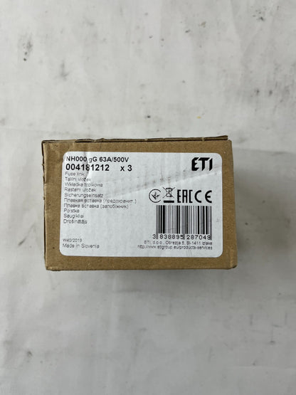 ETI NH000 Fuse Link 63A 500V gG NH Fuse 004181212 3pcs New in Box