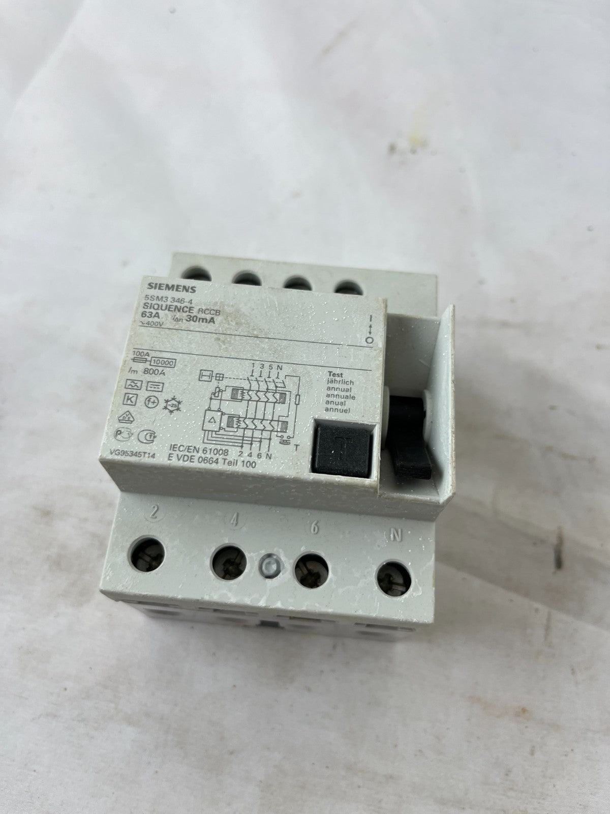 Siemens 5SM3346-4 RCCB Residual Current Circuit Breaker 63A 30mA 4 Pole Used