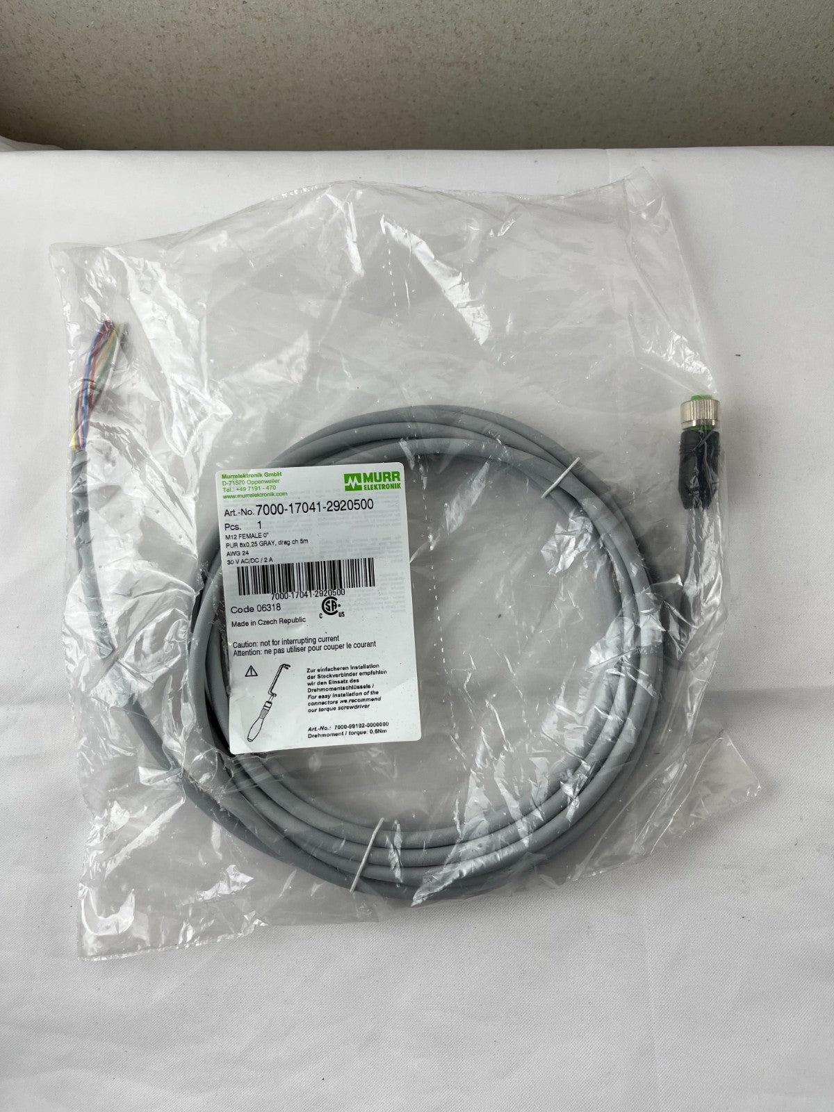 Murr Elektronik 7000-17041-2920500 M12 Female Connector Cable 8-Pin 5m PUR AWG24