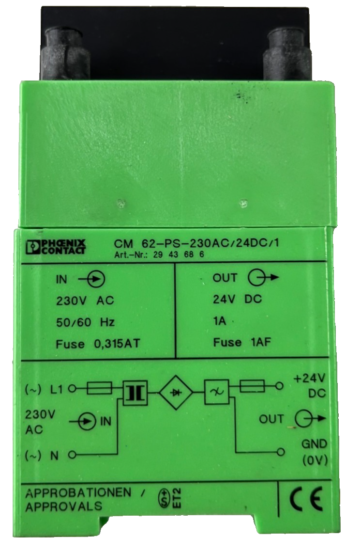 Phoenix Contact CM 62-PS-230AC/24DC/1 Power Supply 230VAC In 24VDC 1A Out Used
