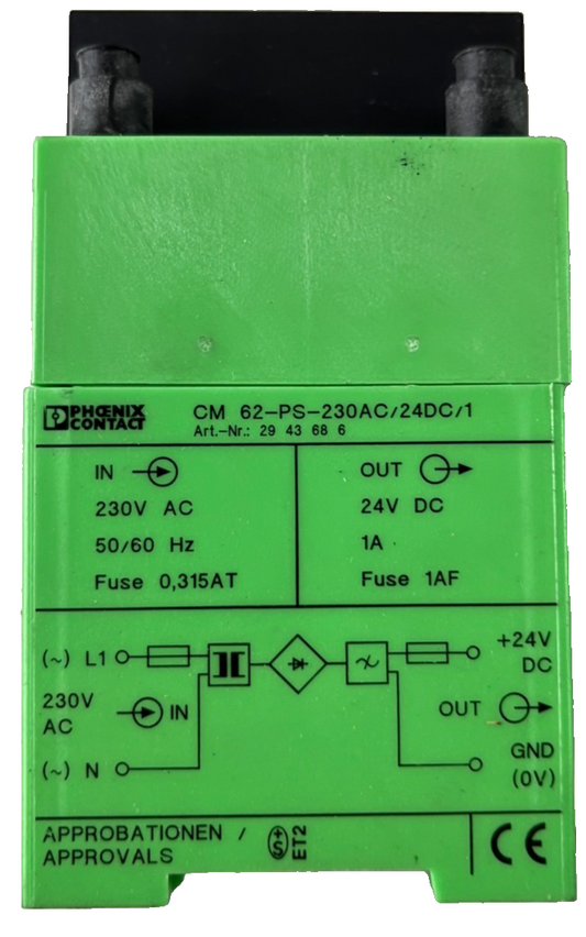 Phoenix Contact CM 62-PS-230AC/24DC/1 Power Supply 230VAC In 24VDC 1A Out Used