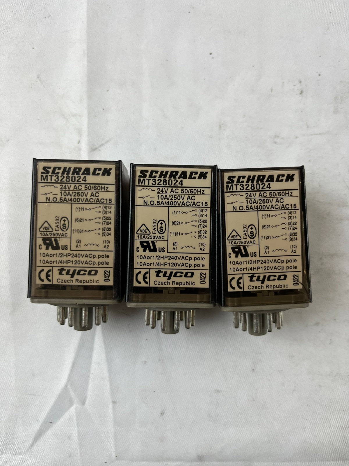 Schrack MT328024 Relay 24V AC 10A 3CO Plug‑In Tyco – Lot of 3 Used Spare Units