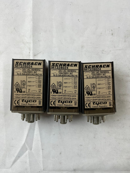 Schrack MT328024 Relay 24V AC 10A 3CO Plug‑In Tyco – Lot of 3 Used Spare Units