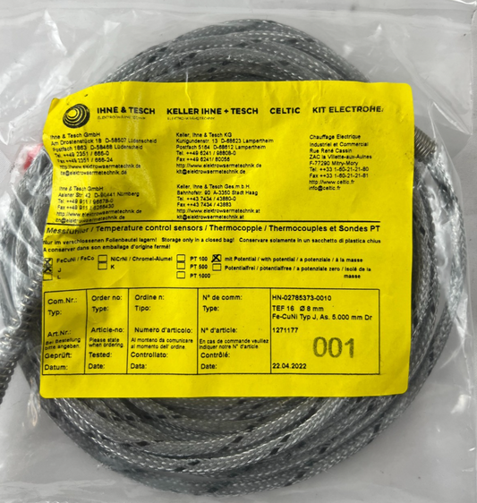 Ihne & Tesch TEF 16 Thermocouple Sensor 8 mm Bayonet, Type J Fe-CuNi, 5 m Cable