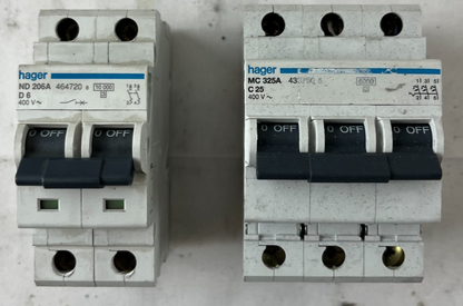 Hager ND206A D6 2P & MC325A C25 3P Circuit Breaker Lot 2pcs 400V Used Spares