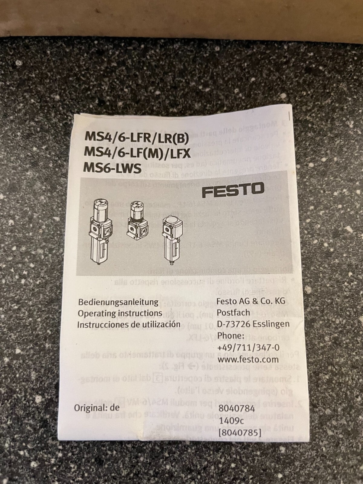 Festo MS4-EM1-1/4-S On/Off Valve Assembly with Filter Regulator MS4/6-LFR/LR(B)