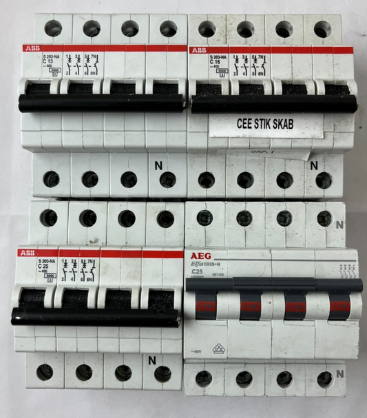 ABB S203-NA C13 C16 C25 + AEG C25 4-Pole Circuit Breaker Lot 4pcs Used Spares