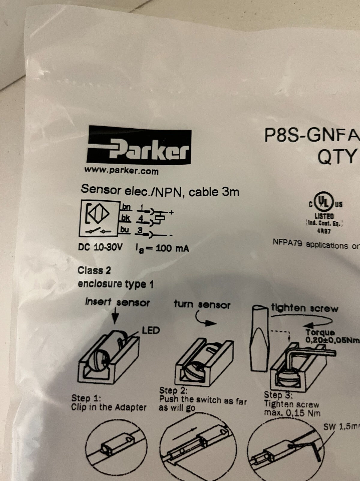 Parker P8S-GNFAX Electronic Sensor NPN 3M Cable – New Sealed in Package