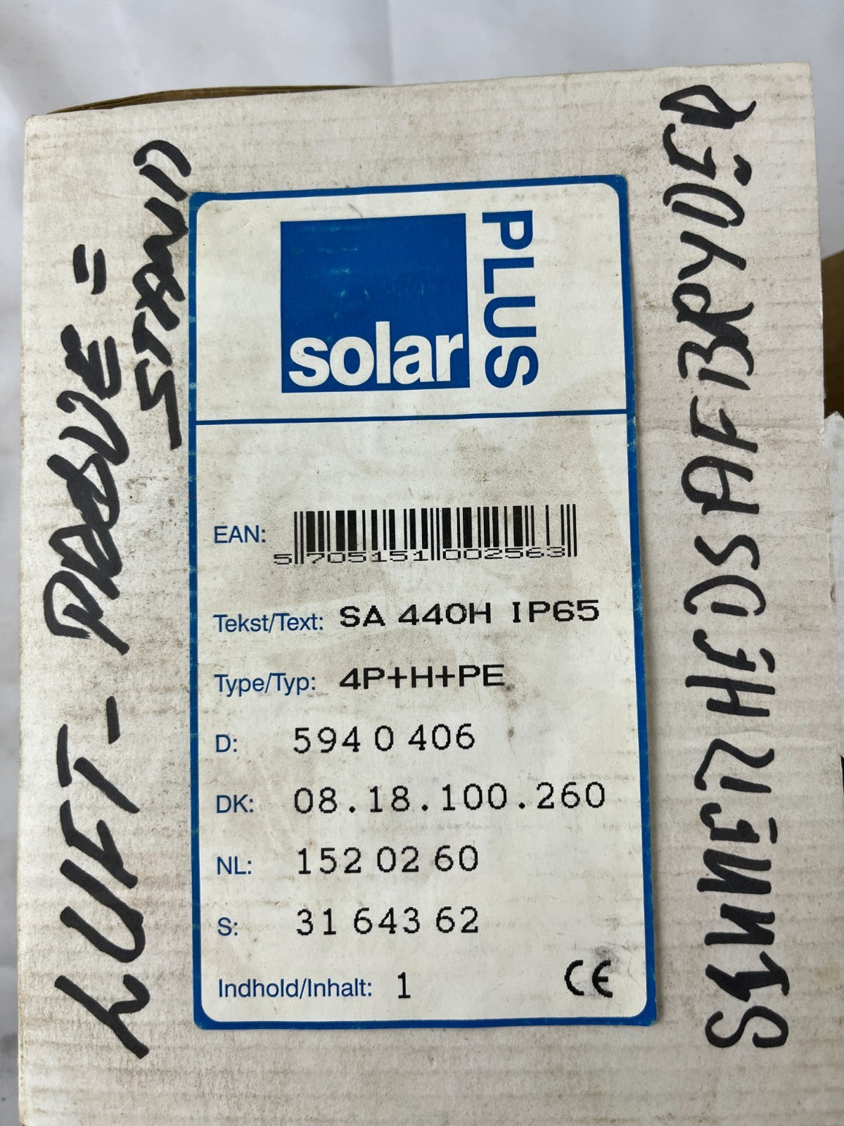 Solar Plus SA 440H IP65 4P+H+PE Safety Isolator Switch 40 A New Spare Unit