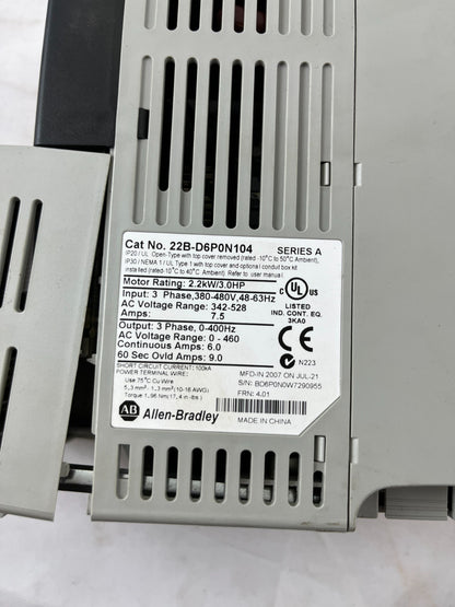 Allen-Bradley 22B-D6P0N104 PowerFlex 40 AC Drive 2.2kW 3HP 480V VFD Used Spare