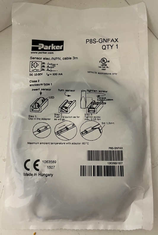 Parker P8S-GNFAX Electronic Sensor NPN 3M Cable – New Sealed in Package