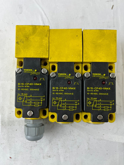 3x Turck Bi 15-CP40-VN4X Proximity Sensor 15mm 10-65VDC Inductive Bundle USED