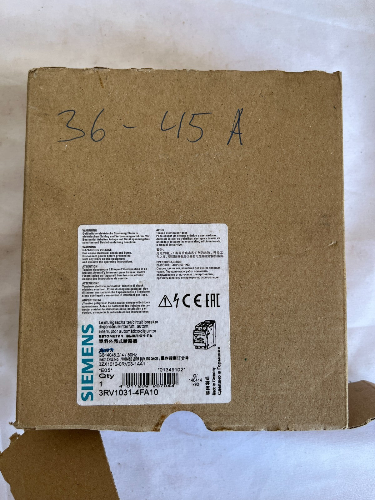 Siemens 3RV1031-4GA10 Sirius Motor Circuit Breaker 36-46A Used Spare Unit