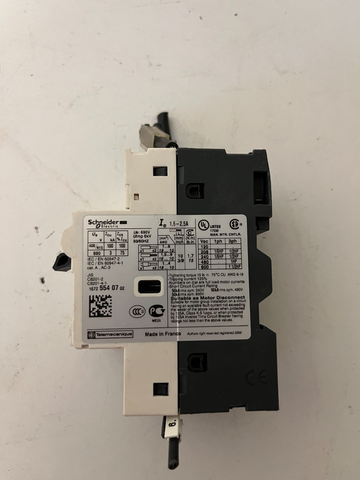 Schneider Electric GV2-RT07 Motor Circuit Breaker 1.6–2.5A TeSys GV2 Used Spare