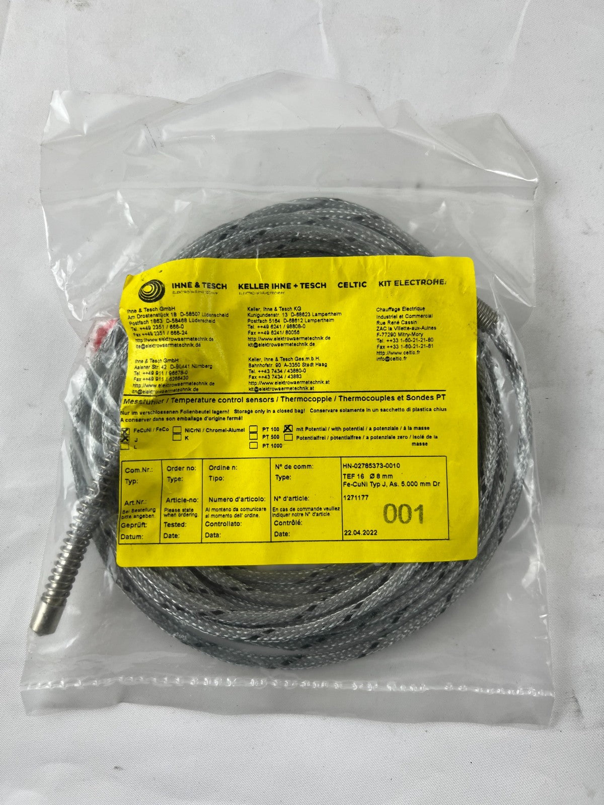 Ihne & Tesch TEF 16 Thermocouple Sensor 8 mm Bayonet, Type J Fe-CuNi, 5 m Cable