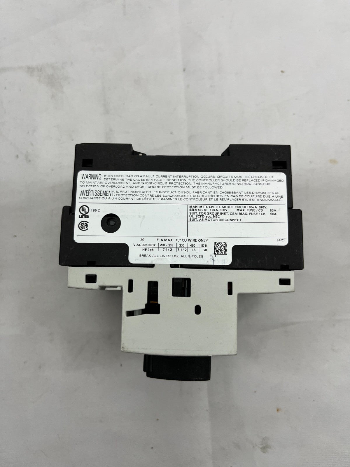 Siemens SIRIUS 3RV1321-4BC10 Motor Protection Circuit Breaker, 20A, 3-Pole, Used
