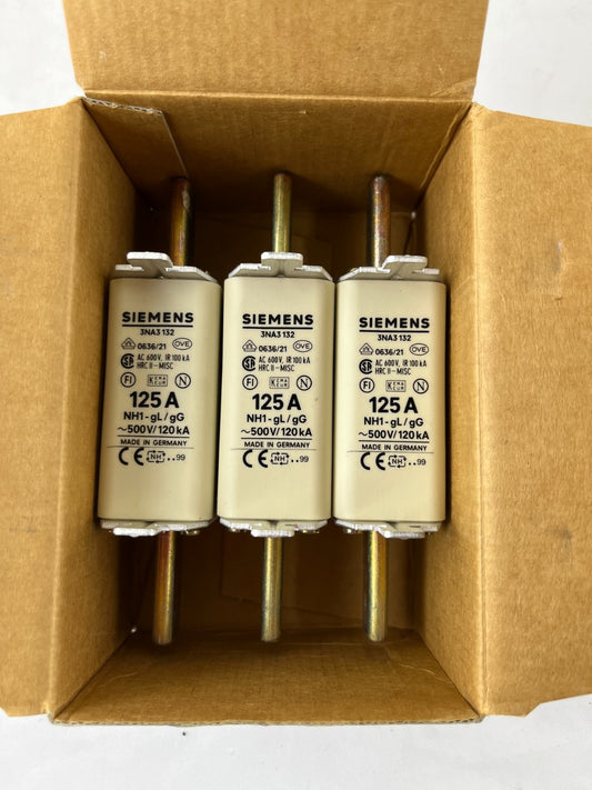 Siemens 3NA3 132 NH1 Fuse 125A 500V gL/gG LV HRC 3NA3132 – Box of 3x New