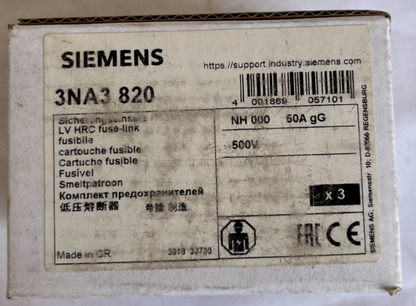 Siemens 3NA3 820 NH000 Fuse Link 50A gG 500V New 3 Pcs Spare Parts