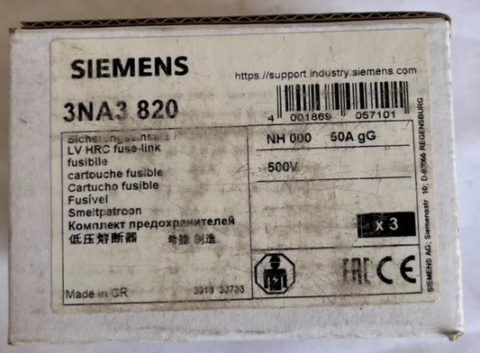 Siemens 3NA3 820 NH000 Fuse Link 50A gG 500V New 3 Pcs Spare Parts