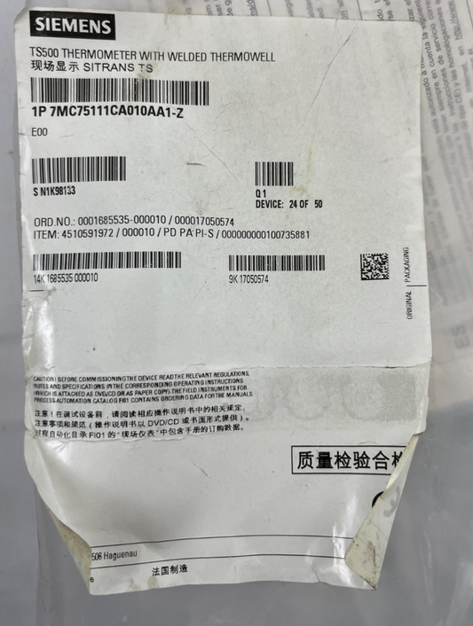 Siemens SITRANS TS500 Thermometer w/ Welded Thermowell 7MC75111CA010AA1-Z, New