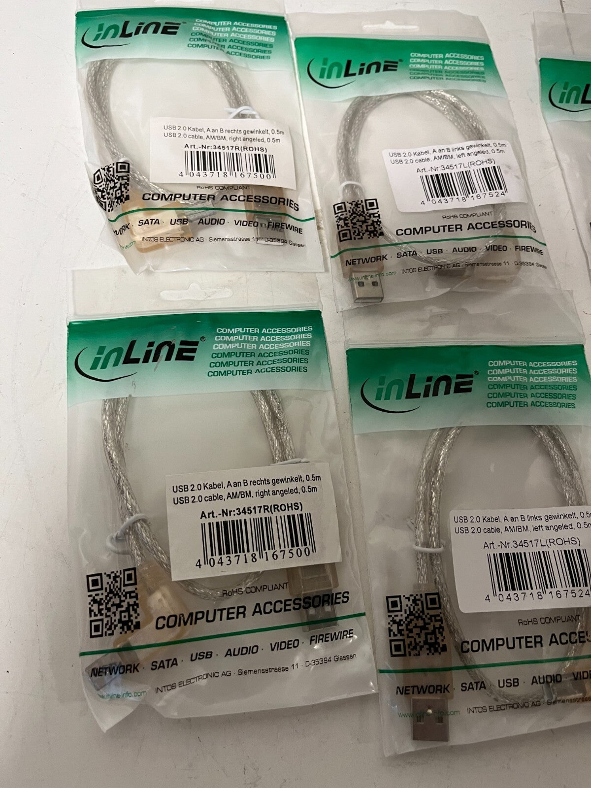 Lot of 7x InLine USB 2.0 AM to BM Angled Cable 0.5m Left/Right New Sealed