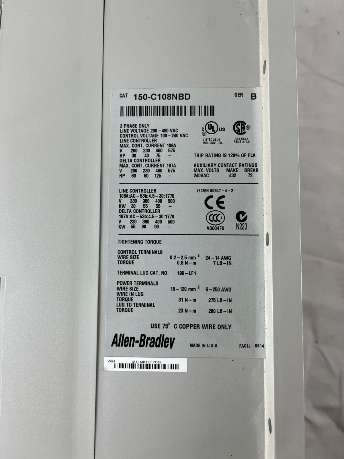 Allen-Bradley 150-C108NBD SMC-3 Soft Starter 3-phase 108A 200–480V 100–240V