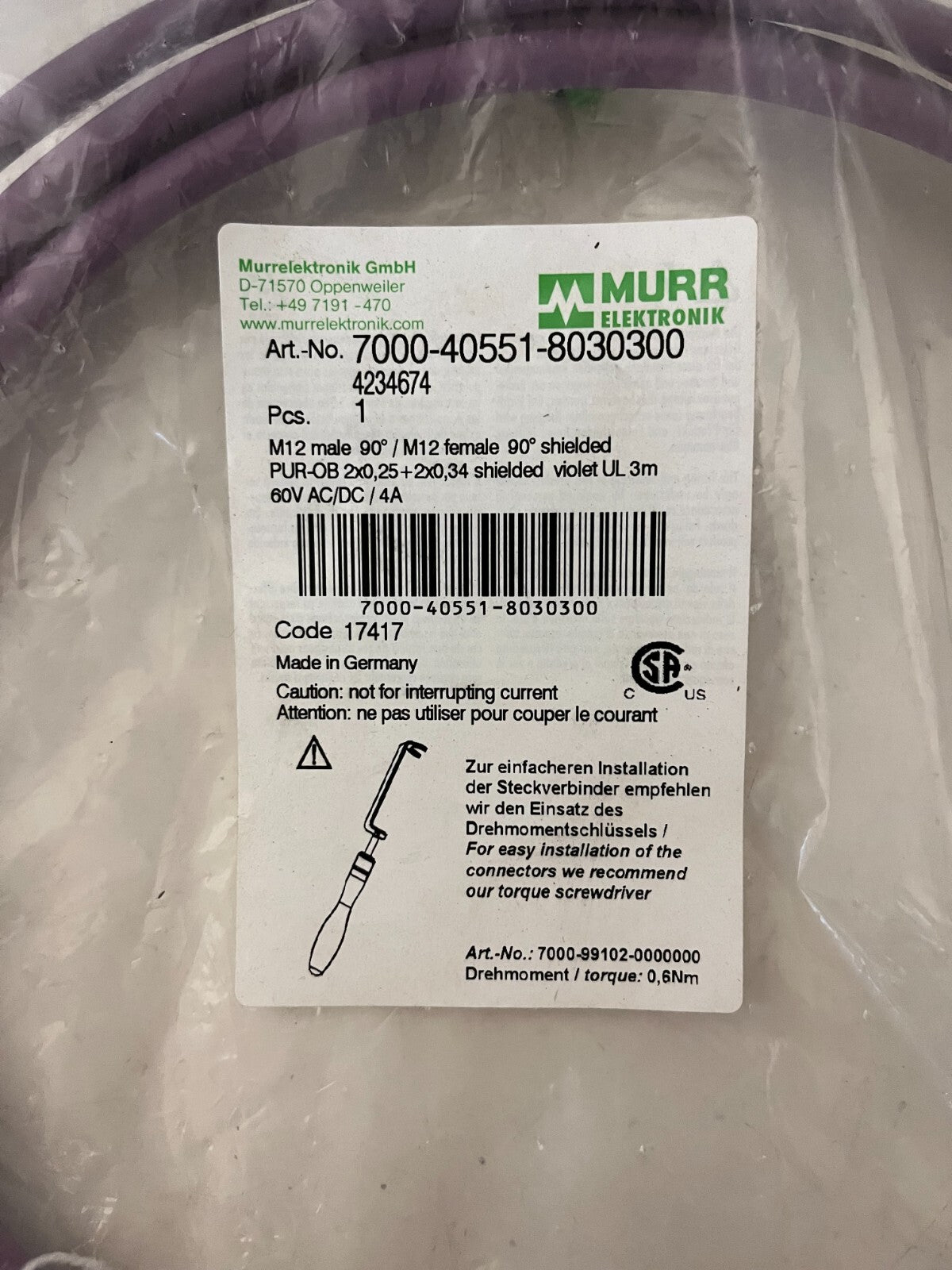 Murrelektronik 7000-40551-8030300 M12 Shielded 5-Pin Cable 3m 90° New Sealed