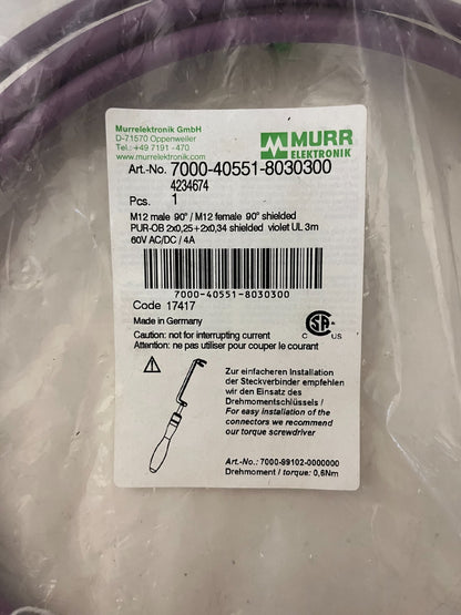 Murrelektronik 7000-40551-8030300 M12 Shielded 5-Pin Cable 3m 90° New Sealed