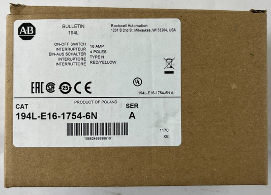 Allen Bradley 194L-E16-1754-6N Load Switch 4-Pole 16A Emergency Switch NEW