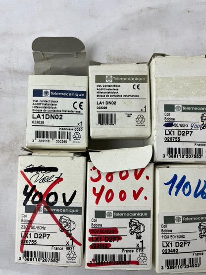 Telemecanique Contactors Coils Auxiliary Contacts Lot LA1DN02 LX1D2F7 NOS