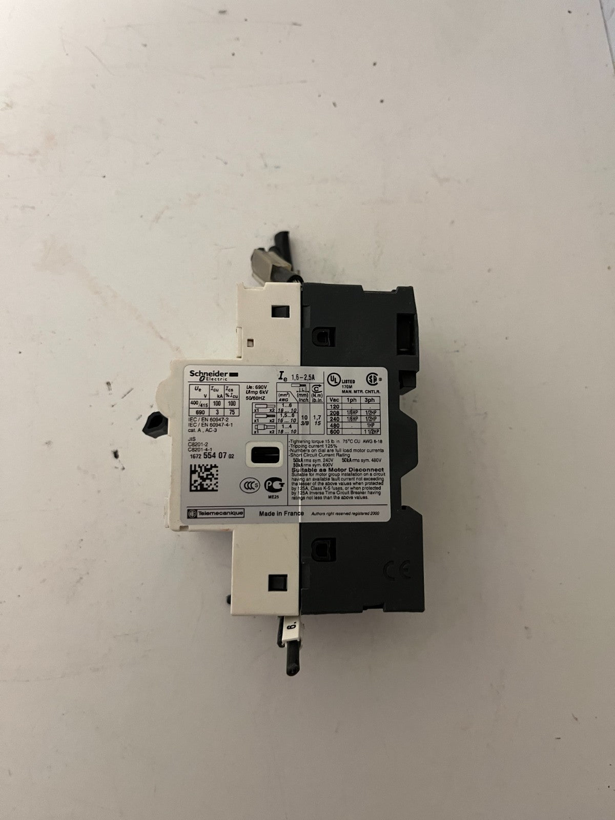 Schneider Electric GV2-RT07 Motor Circuit Breaker 1.6–2.5A TeSys GV2 Used Spare