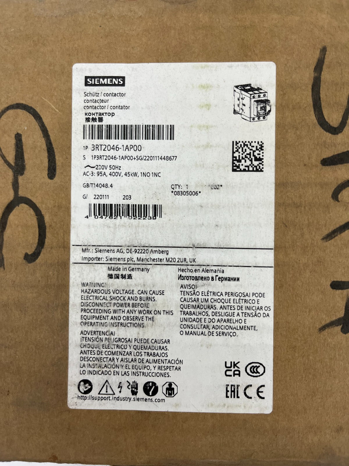 Siemens 3RT2046-1AP00 SIRIUS Power Contactor 3-Pole 95A 45kW 230V AC New in Box