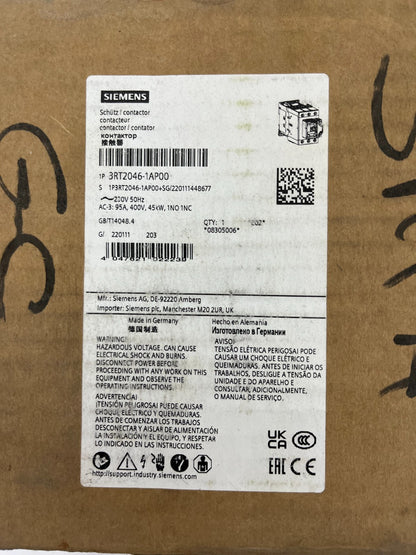 Siemens 3RT2046-1AP00 SIRIUS Power Contactor 3-Pole 95A 45kW 230V AC New in Box