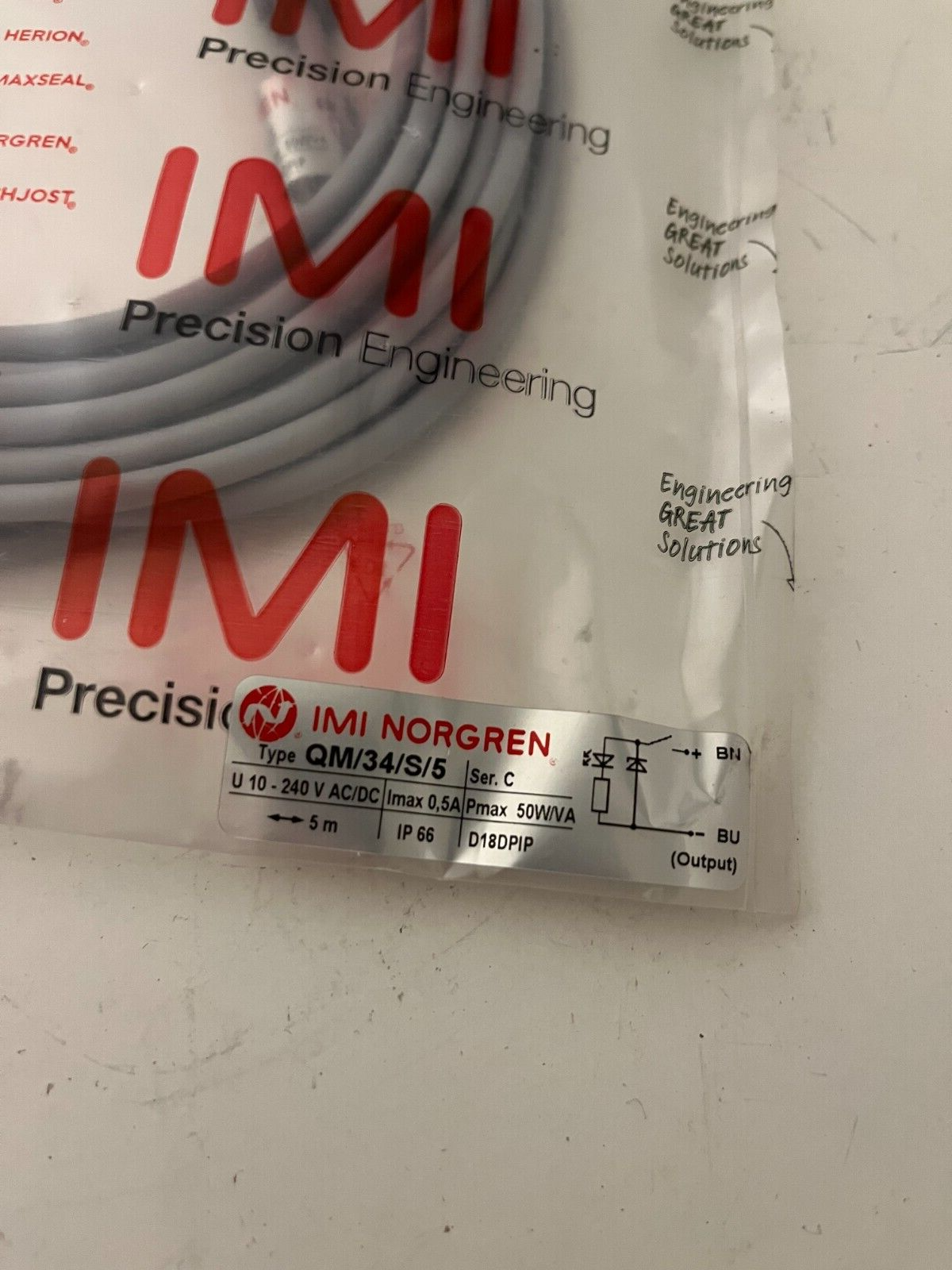 IMI Norgren QM/34/S/5 Reed Switch Sensor 5m 10-240V AC/DC IP66 New Sealed