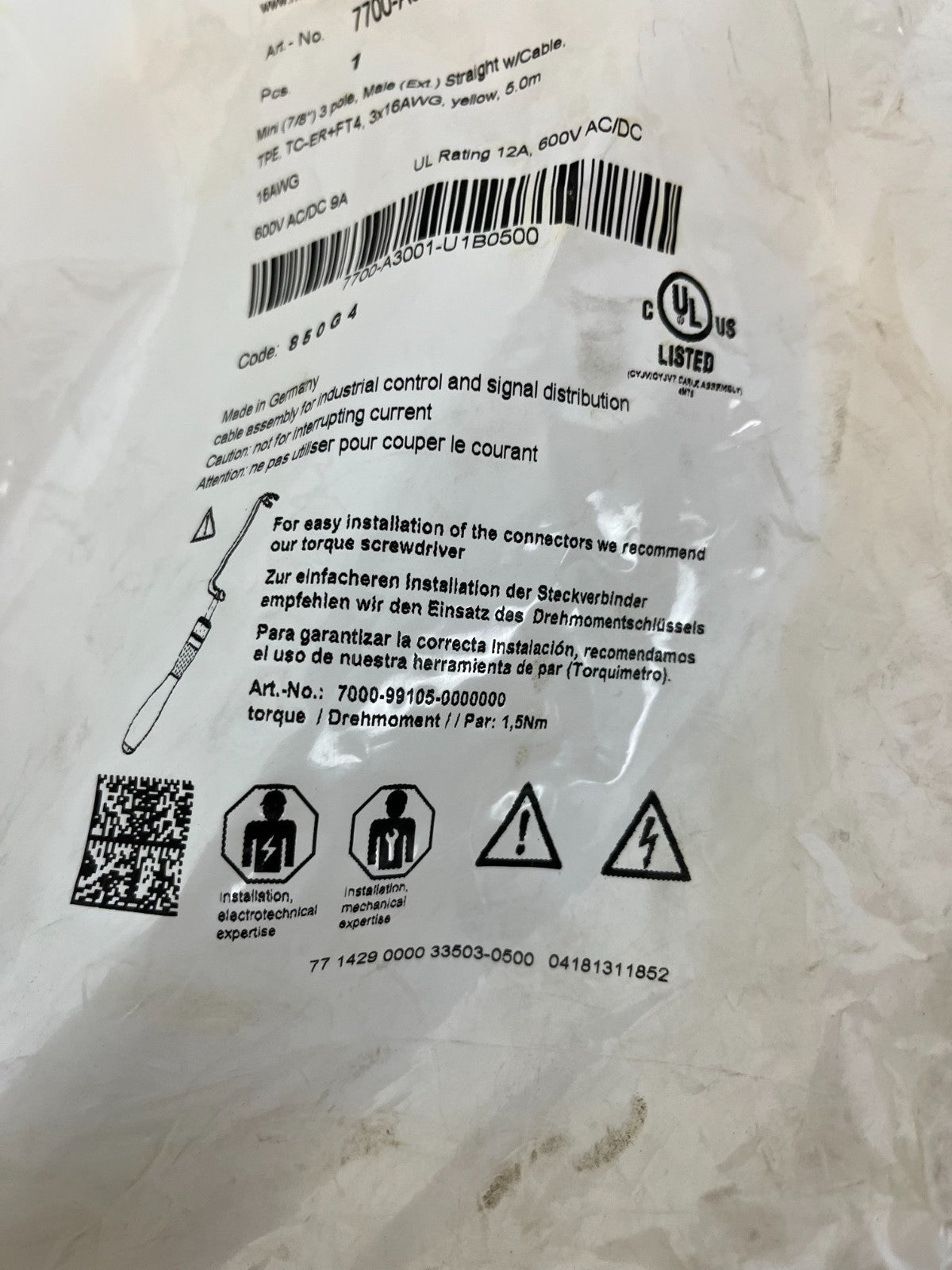 Murrelektronik 7700-A3001-U1B0500 7/8" 3-Pole Male Cable 5m 16AWG TC-ER FT4