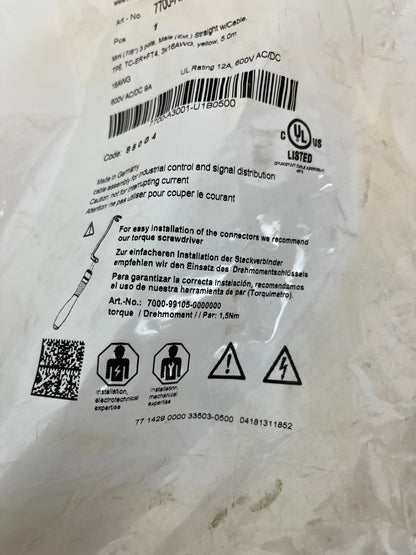 Murrelektronik 7700-A3001-U1B0500 7/8" 3-Pole Male Cable 5m 16AWG TC-ER FT4