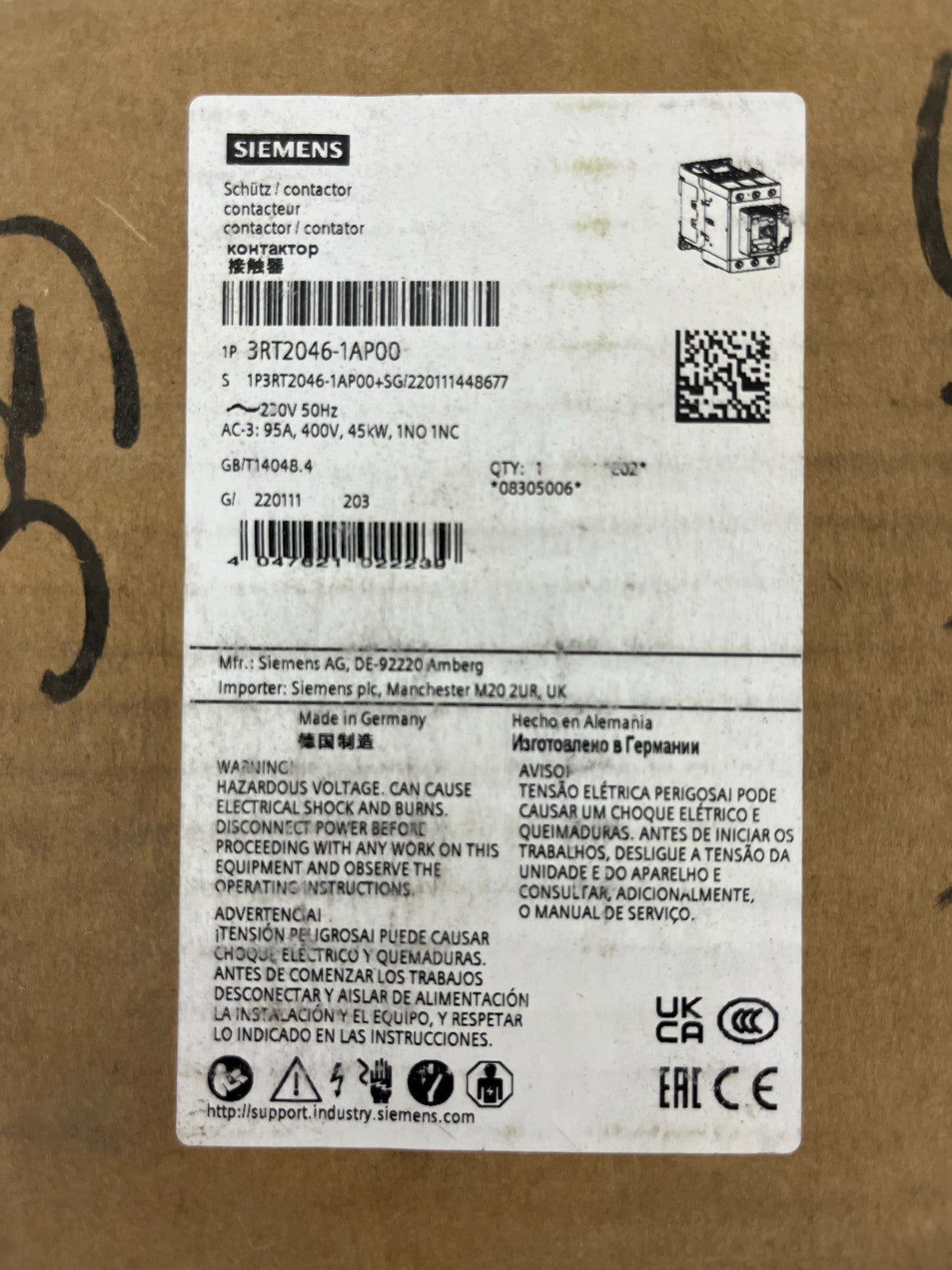 Siemens 3RT2046-1AP00 SIRIUS Power Contactor 3-Pole 95A 45kW 230V AC New in Box