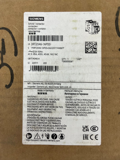 Siemens 3RT2046-1AP00 SIRIUS Power Contactor 3-Pole 95A 45kW 230V AC New in Box