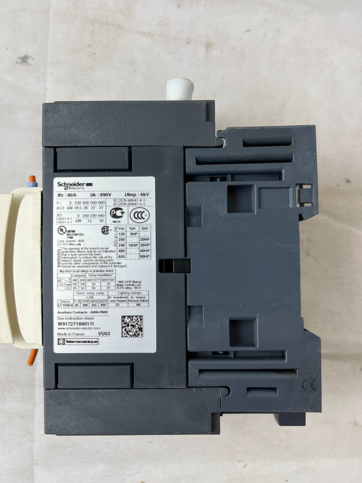 Schneider LC1D65A TeSys Contactor 80A 24V DC Coil Used Spare Unit