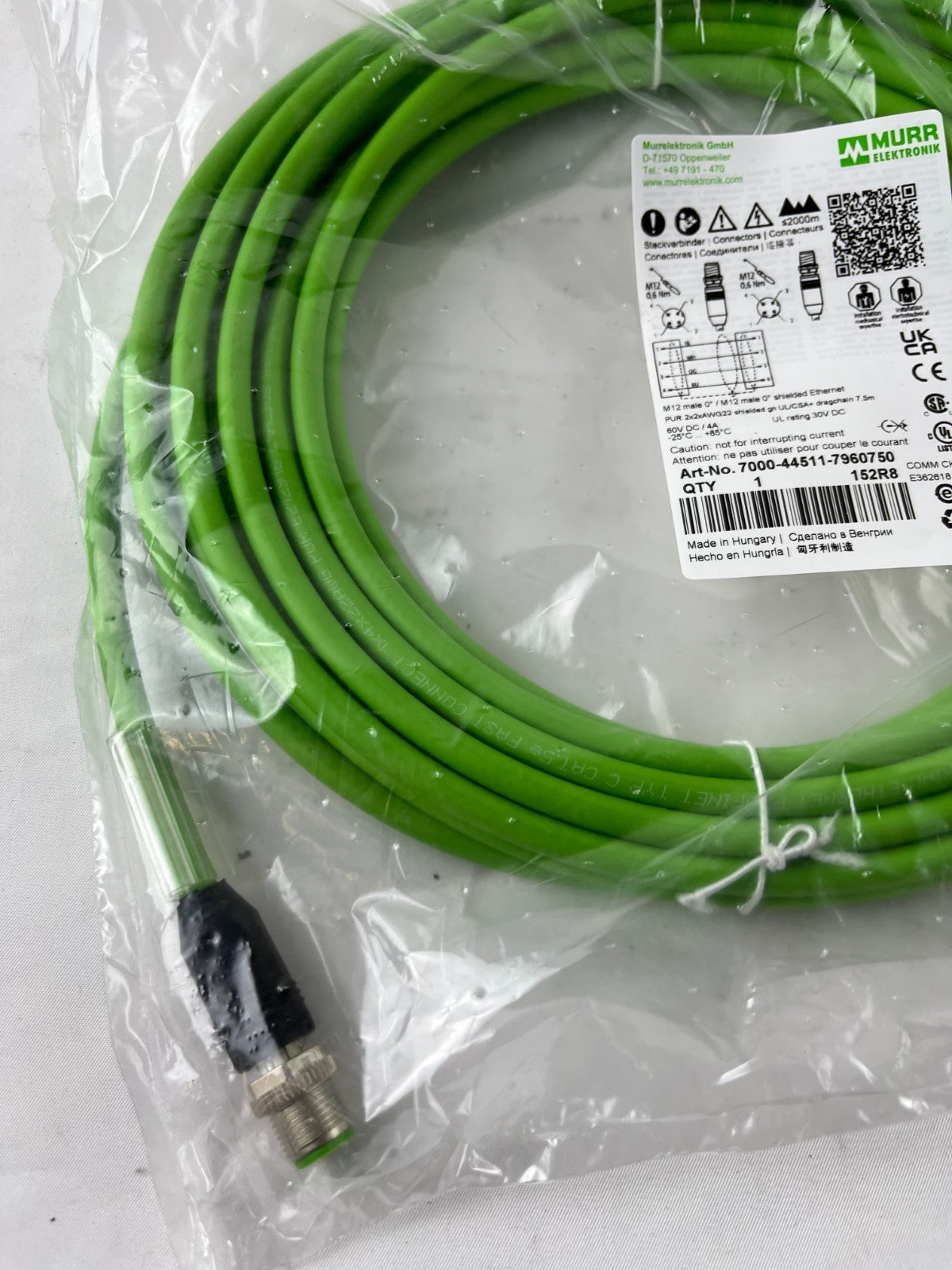 Murr 7000-44511-7960750 M12 Ethernet Cable 7.5m Shielded Dragchain UL CSA NEW