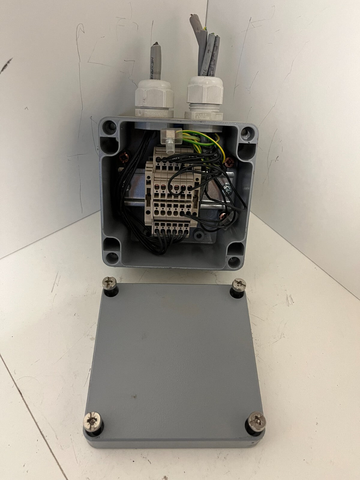 Metal Electrical Junction Box w/ DIN Rail Terminal Block – Used, Working