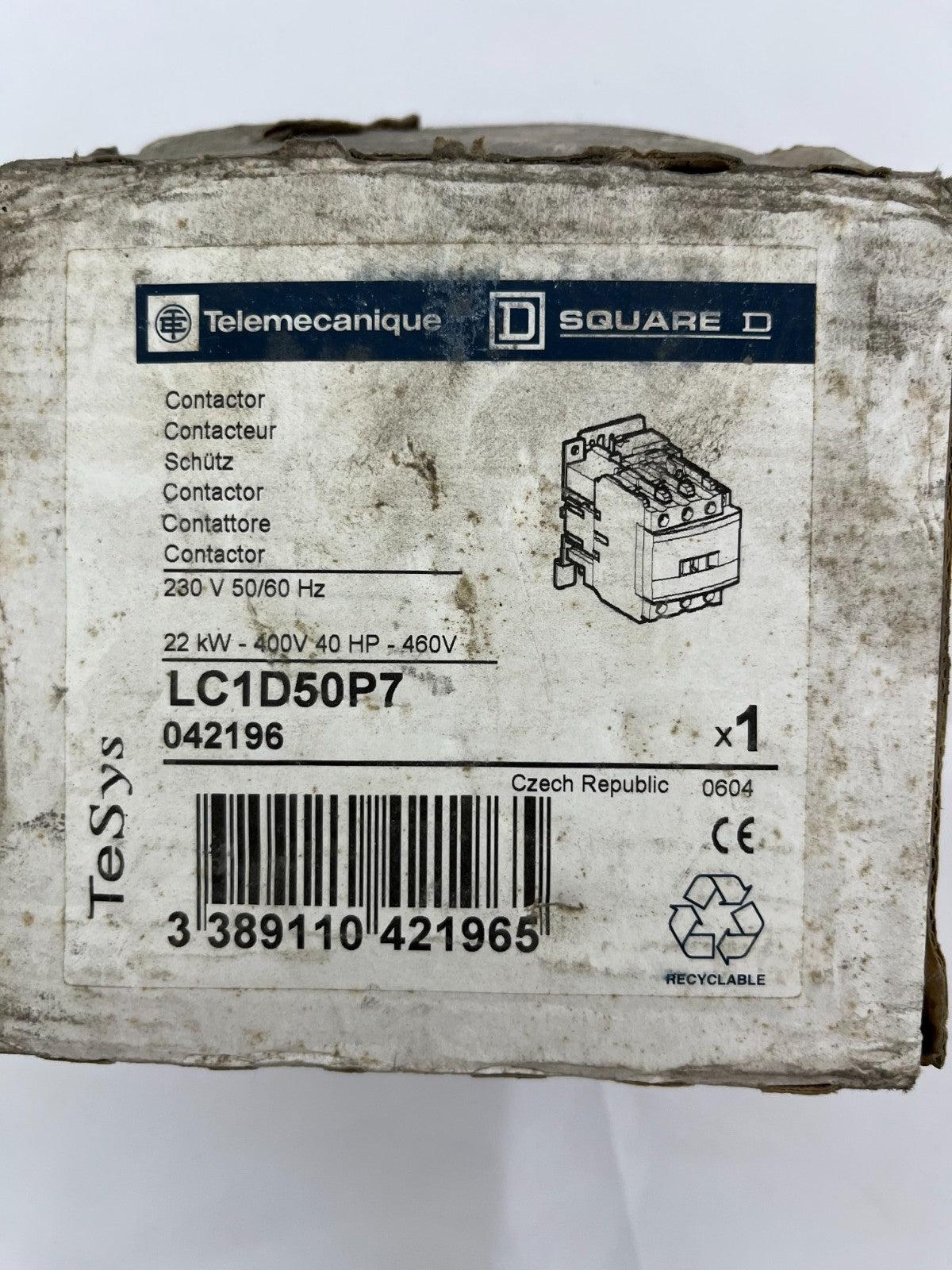 Telemecanique LC1D50P7 Contactor Square D 50A 3-Pole 230V AC New Open Box