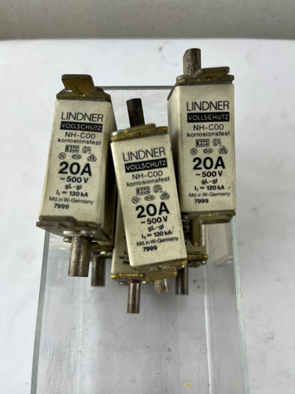 Lindner NH-C00 7999 Fuse 20A 500V gL-gI Vollschutz Corrosion Resistant Lot of 6x