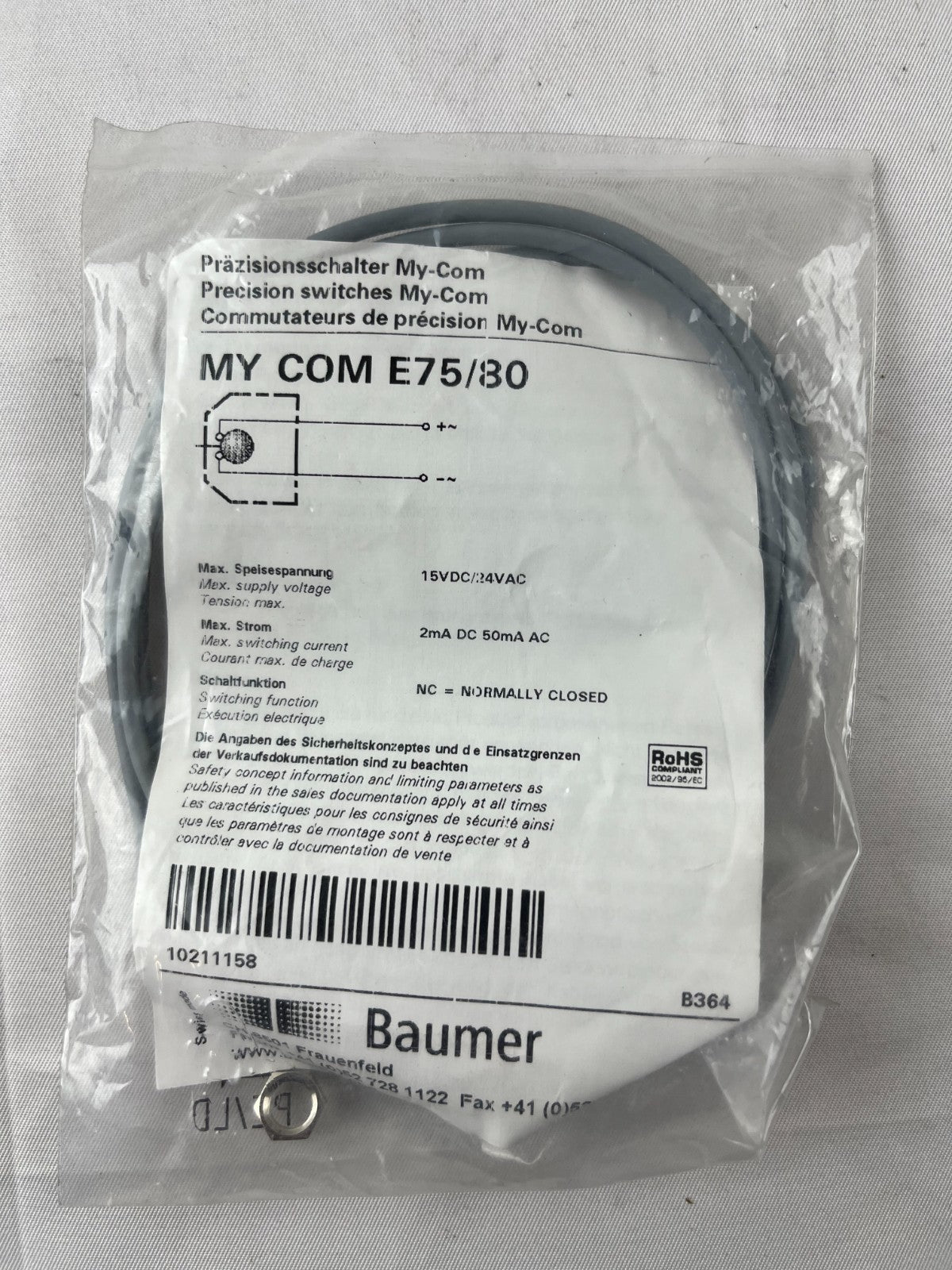 Baumer MY COM E75/80 Precision Switch NEW M6 NC 15VDC/24VAC 0.001mm Sealed