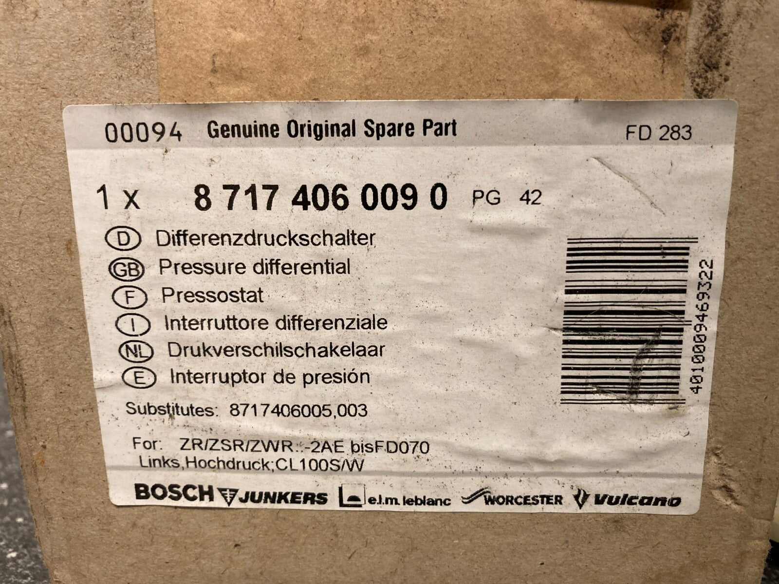 Bosch Junkers PN: 87174060900 PG42 Gas Boiler Pressure Differential Switch NOS
