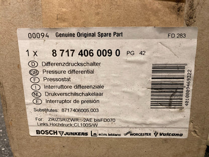 Bosch Junkers PN: 87174060900 PG42 Gas Boiler Pressure Differential Switch NOS