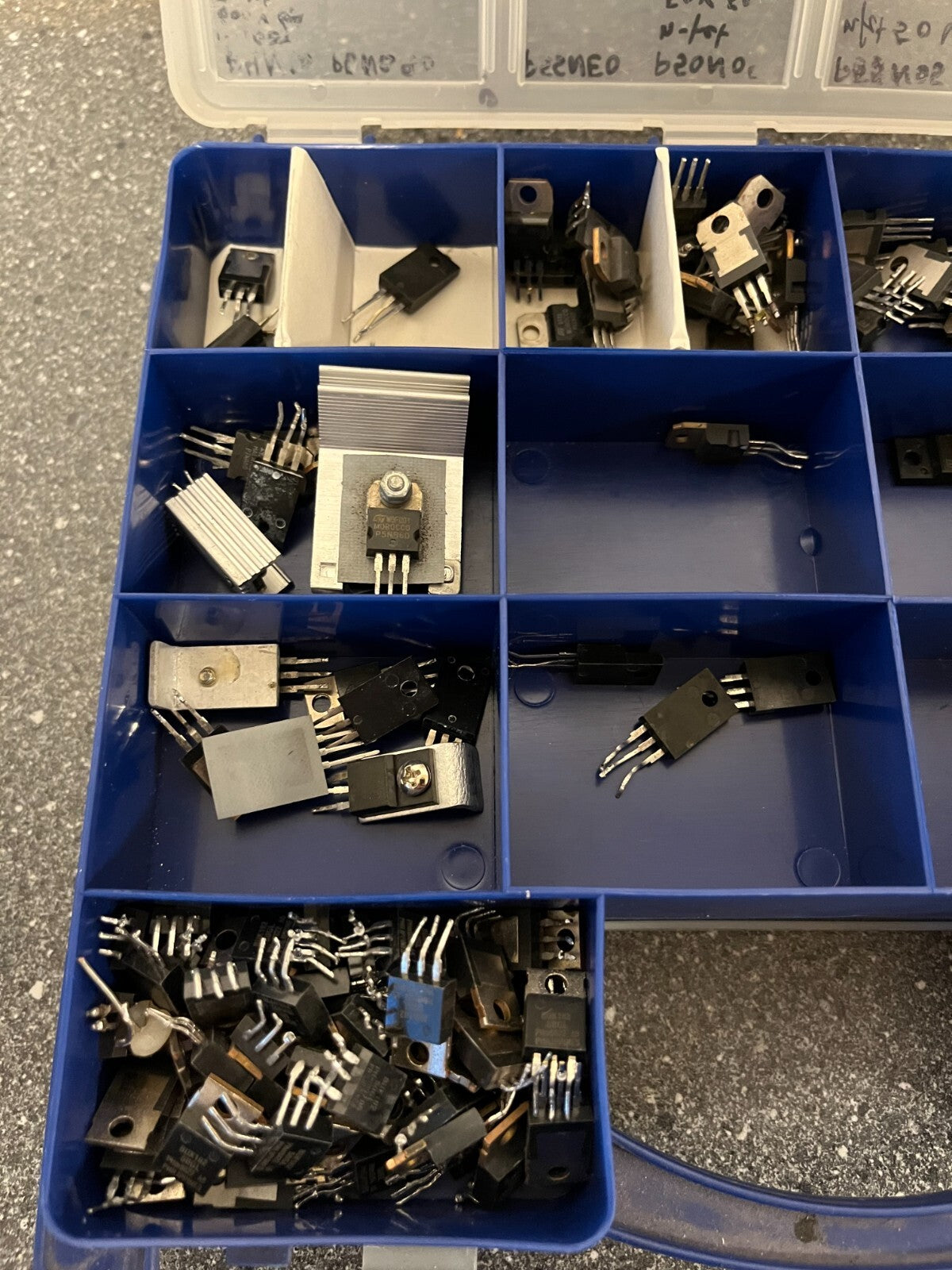 Double-Sided Organizer Box with Assorted Capacitors, IC Chips, and Electronics