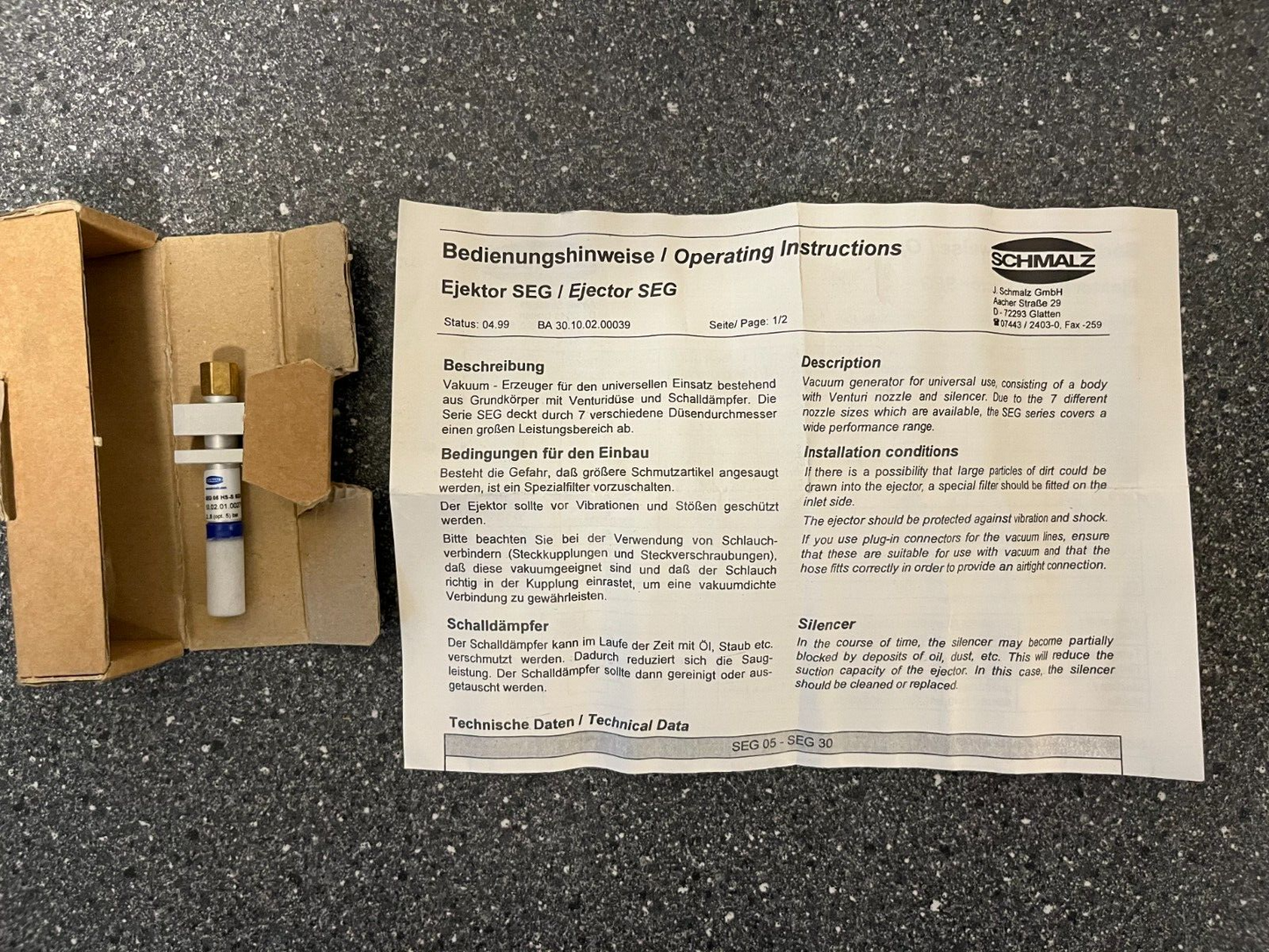 Schmalz SEG 05 HS-S SDA Vacuum Ejector with Silencer - New, Never Used