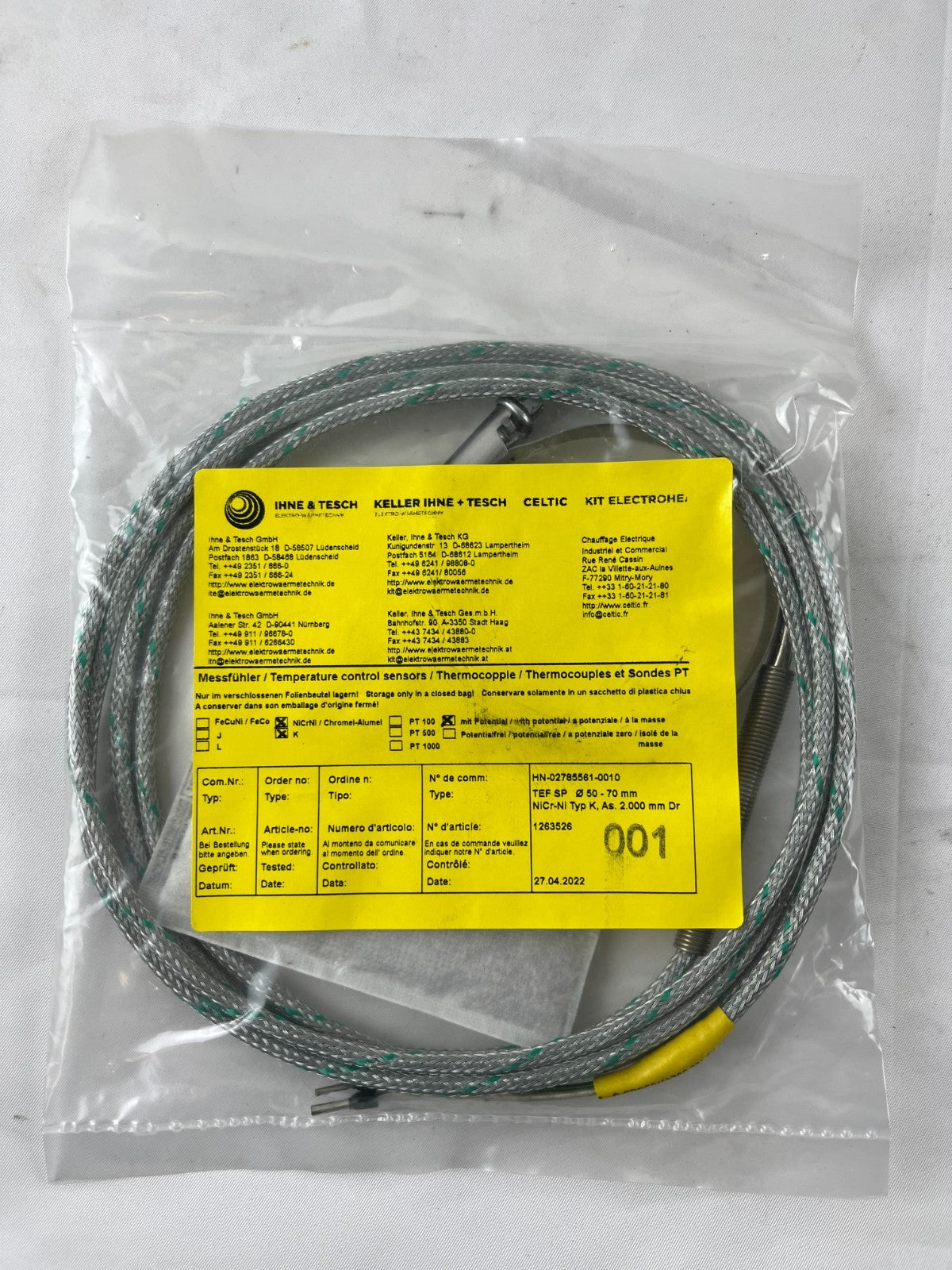 Ihne & Tesch TEF SP Thermocouple Type K Ø50‑70 mm Pipe Clamp Sensor 2m Cable