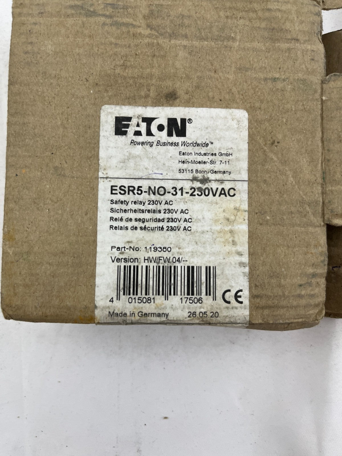 Eaton ESR5-NO-31-230VAC Safety Relay 230V AC Dual Channel, 3 Contacts, New Box